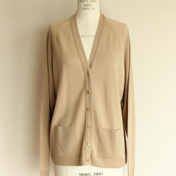 Vintage 2000s Sweater, Volup Size Edinburgh Beige Lambswool Cardigan, Y2K Knits - Picture 2 of 10